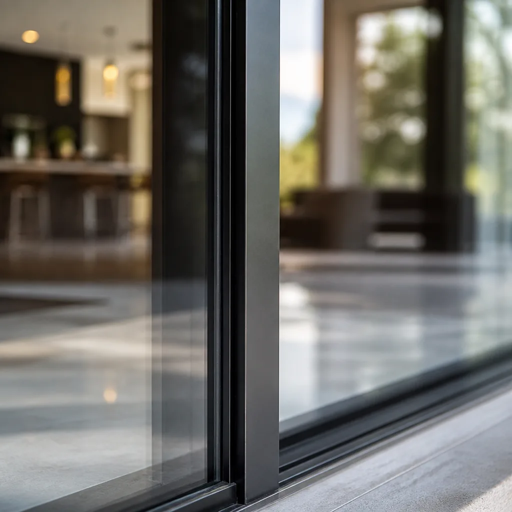 Modern black framed patio door installation in a luxury home