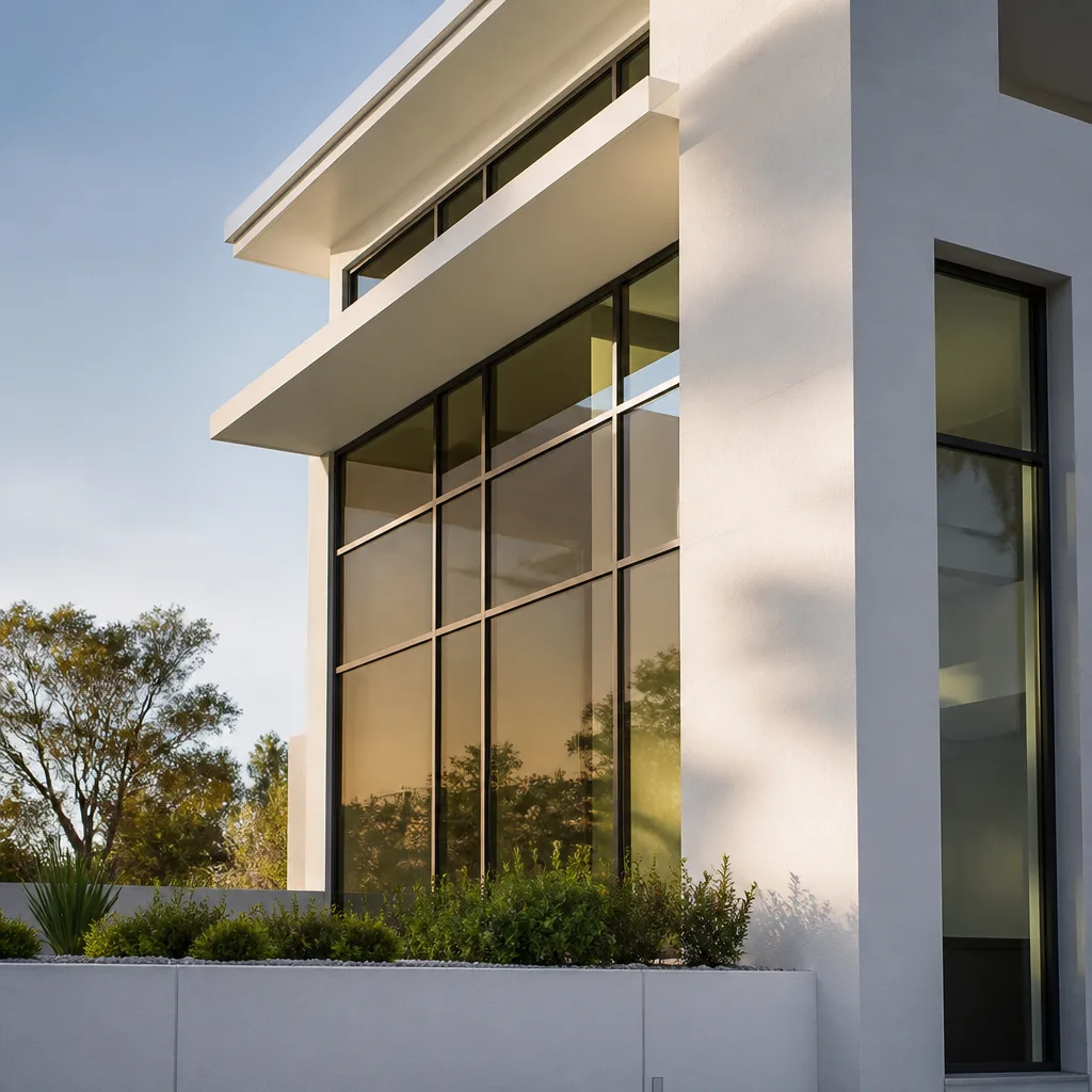Modern home exterior with large glass windows and minimalist architectural design