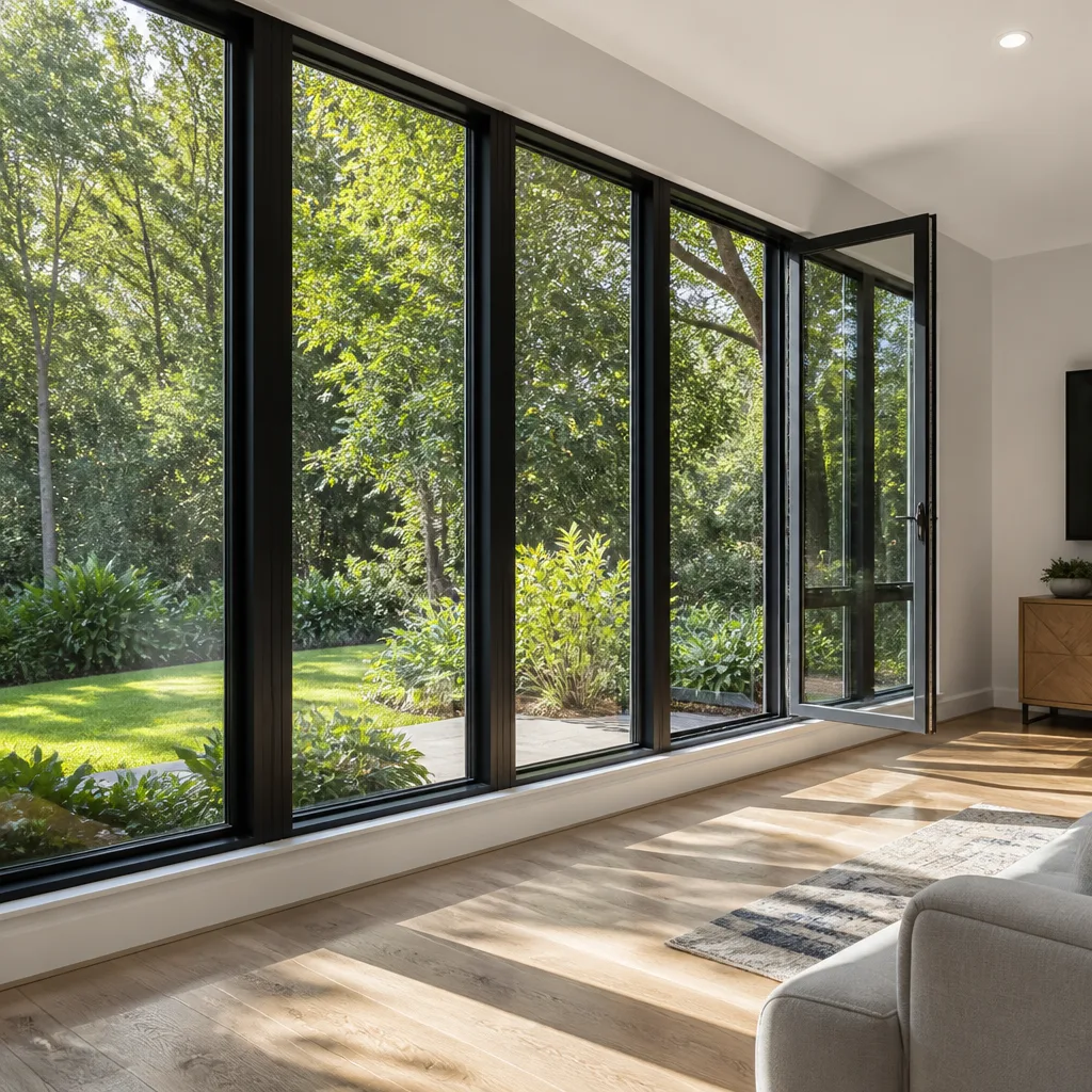 Modern living room with large black-framed glass window and door installation