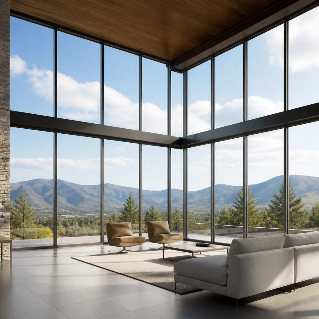 Floor-to-ceiling panoramic glass windows with a scenic mountain view