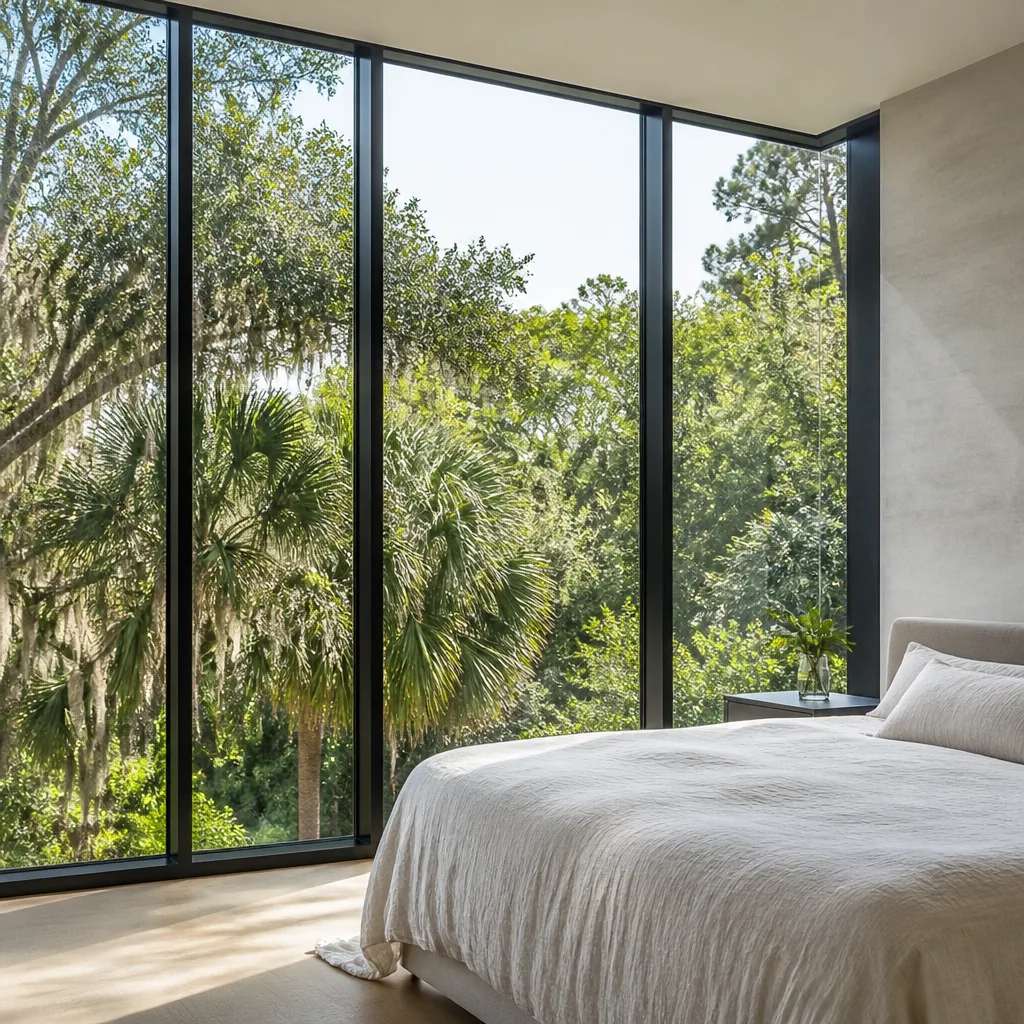 Modern floor-to-ceiling window installation in a bedroom with natural forest views
