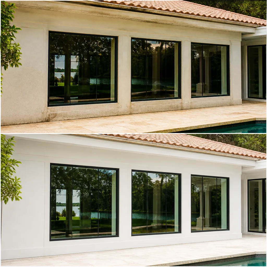 Residential before and after professional window replacement and exterior home renovation.