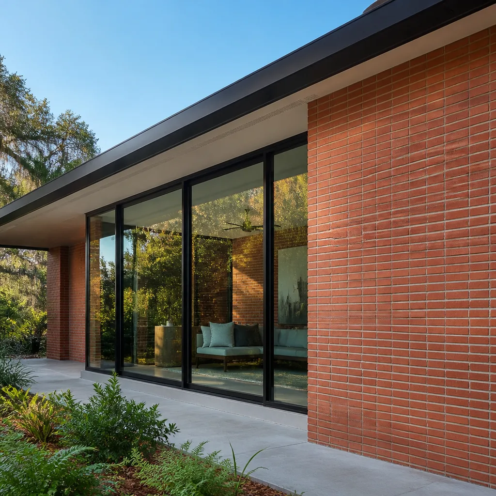 Modern home exterior with floor-to-ceiling glass windows and doors